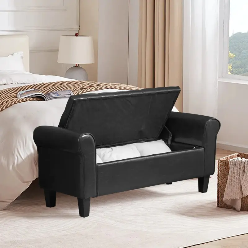 Faux Leather Upholstered Bench with Storage - Soft Padded Seat for Living Room, Bedroom & Entryway, Balck