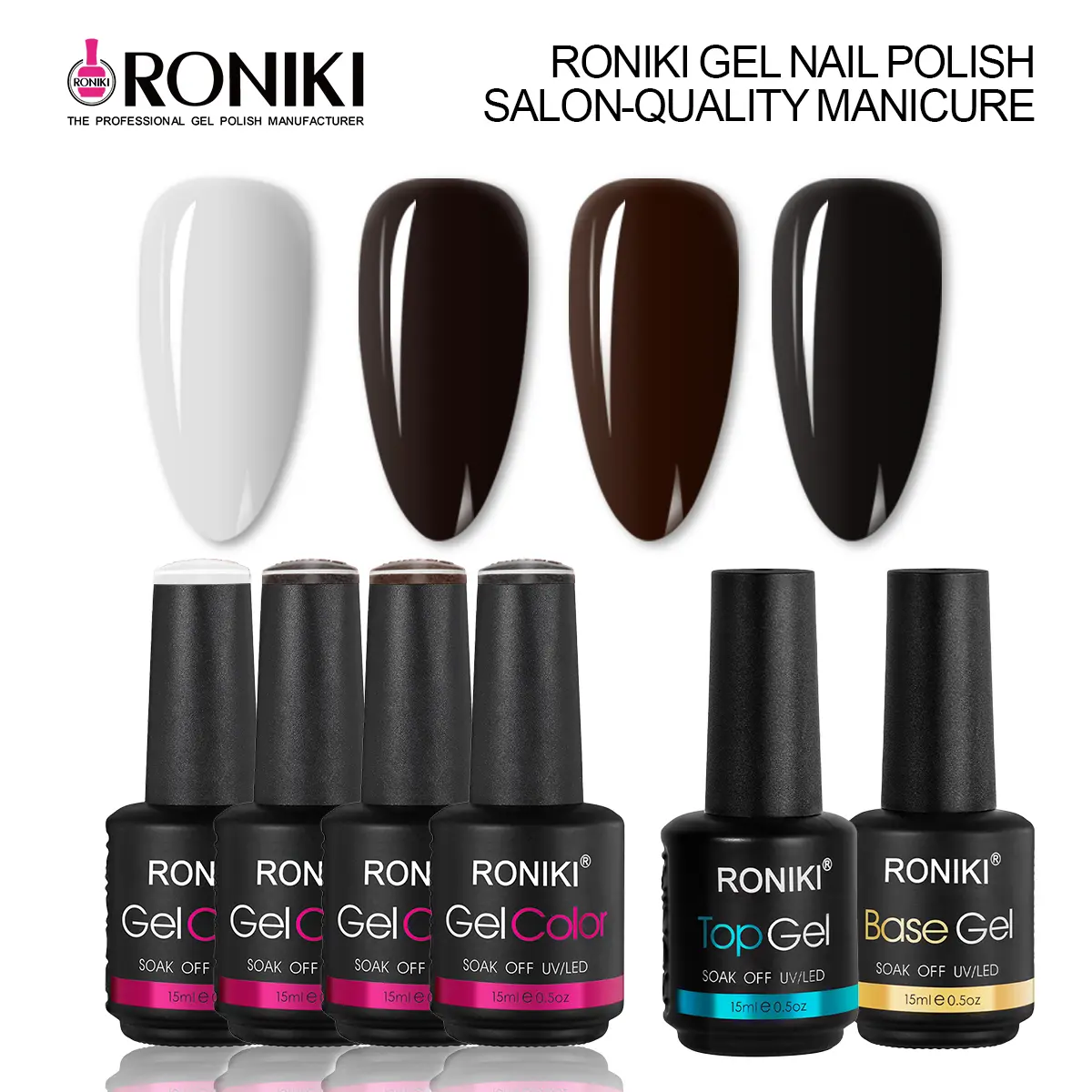 RONIKI Black Brown White Gel Nail Polish Kit With Base & Top Coat, UV LED Cured Gel Polish, French Manicure Nail Art Supplies, DIY Home Salon Manicure Set
