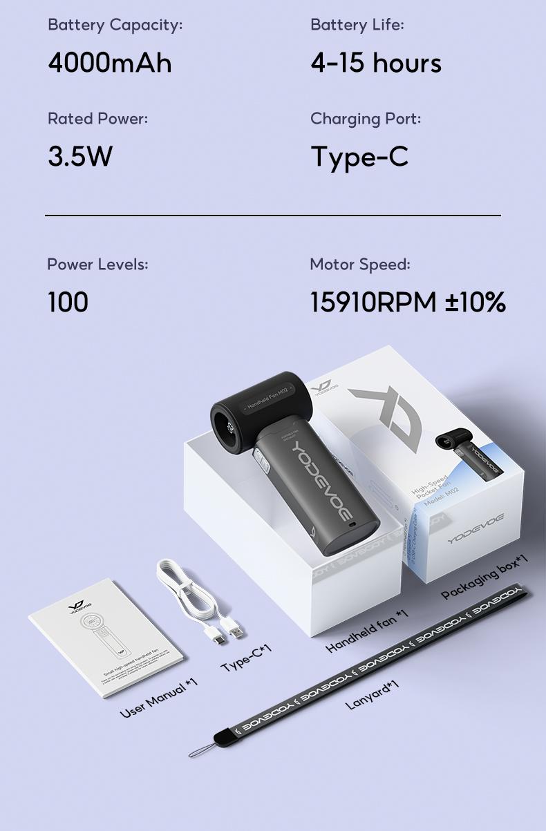 Yodevoe Handheld Fan, Turbo Powerful Airflow, Stylish Mini Pocket Fan, 100 Wind Speed ​​Settings, Up to 15 Hours of Battery Life, Rechargeable Portable Fan, Suitable for Travel and Office Use, Includes Lanyard and USB Type-C Charging Port