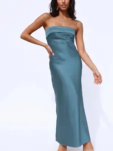Fashionable Women's Satin Lace-Up Backless Strapless Maxi Dress Spring Wedding Guest Bridesmaid Formal Evening Gown