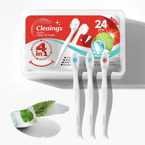 Cleaings 4-in-1 Portable Mini Brushes Set with Toothpaste Toothbrush Toothpick & Tongue Scraper Mint Flavor 24 Count Capsule Oral Care Solution