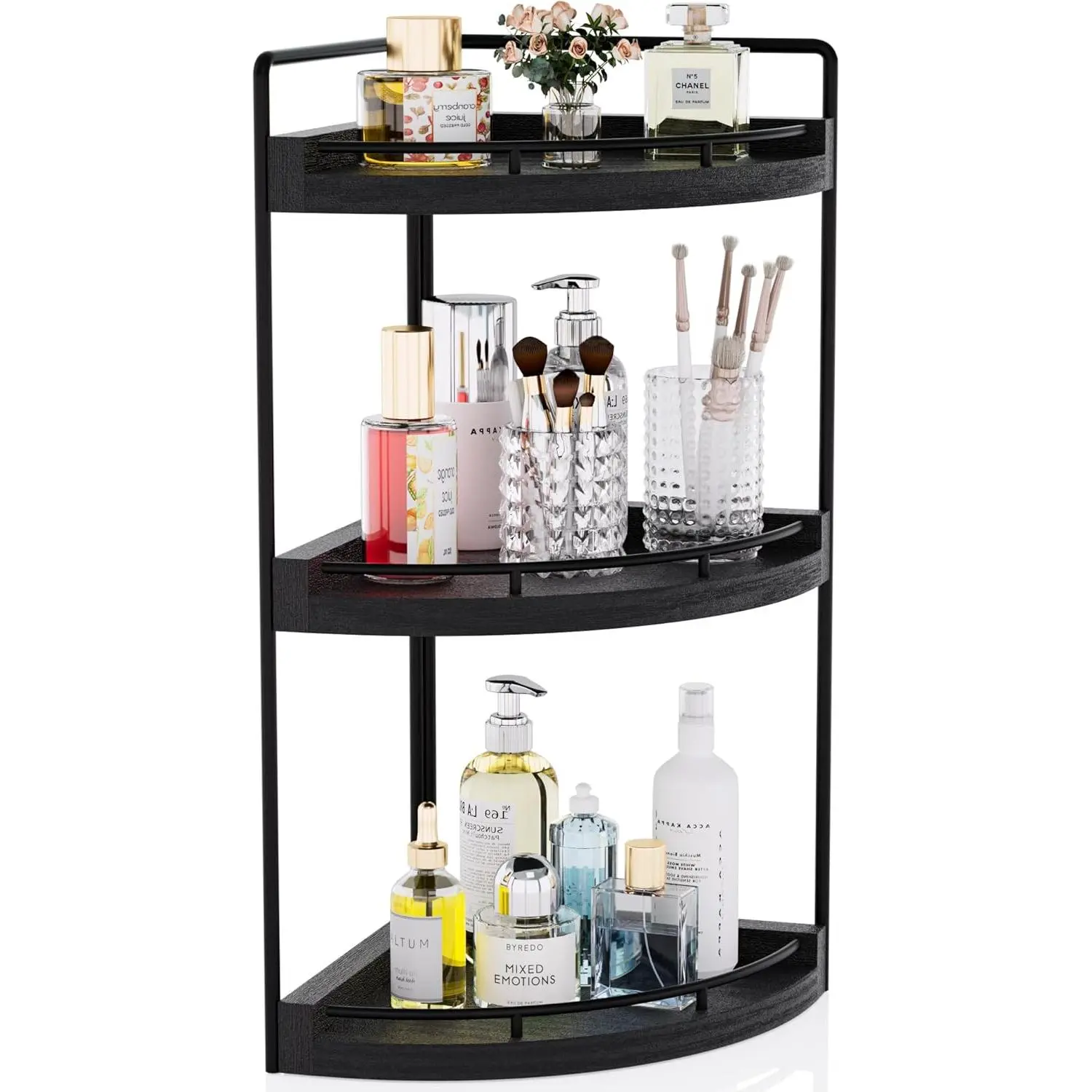 Rustic 3-Tier Black Wood Corner Bathroom Vanity Organizer - Bathroom Gadget with Glass Decorative Marbles for Makeup Storage, Toiletry, Skincare