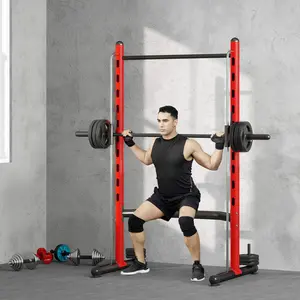 Squat Rack with Pull Up Bar and Barbell Bar Adjustable Bench Press Multi-Function Weight Lifting Half Rack Red 10 Levels 19.75"–69" Heavy-Duty 3-Inch Steel Tube 264 lbs. Capacity Fixed Trajectory Adjustable Height Design Standard Weight Compatibility