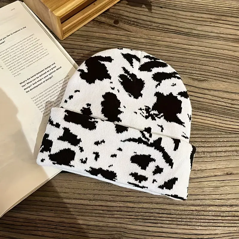Women's Knit Cow Print Beanie, Lightweight Warm Winter Fashionable Ear Warmer Hat - Perfect Gift Idea for Friends and Family-Cow Print Highland Cow Beanie