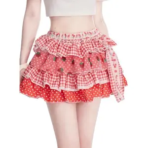 Xojbzoo Y2K Pink Mini Skirt – Strawberry Print Cute A-Line Skirt, High Waisted Sweet Summer Bottom for Women Floral Womenswear, Loose Fit,summervibes