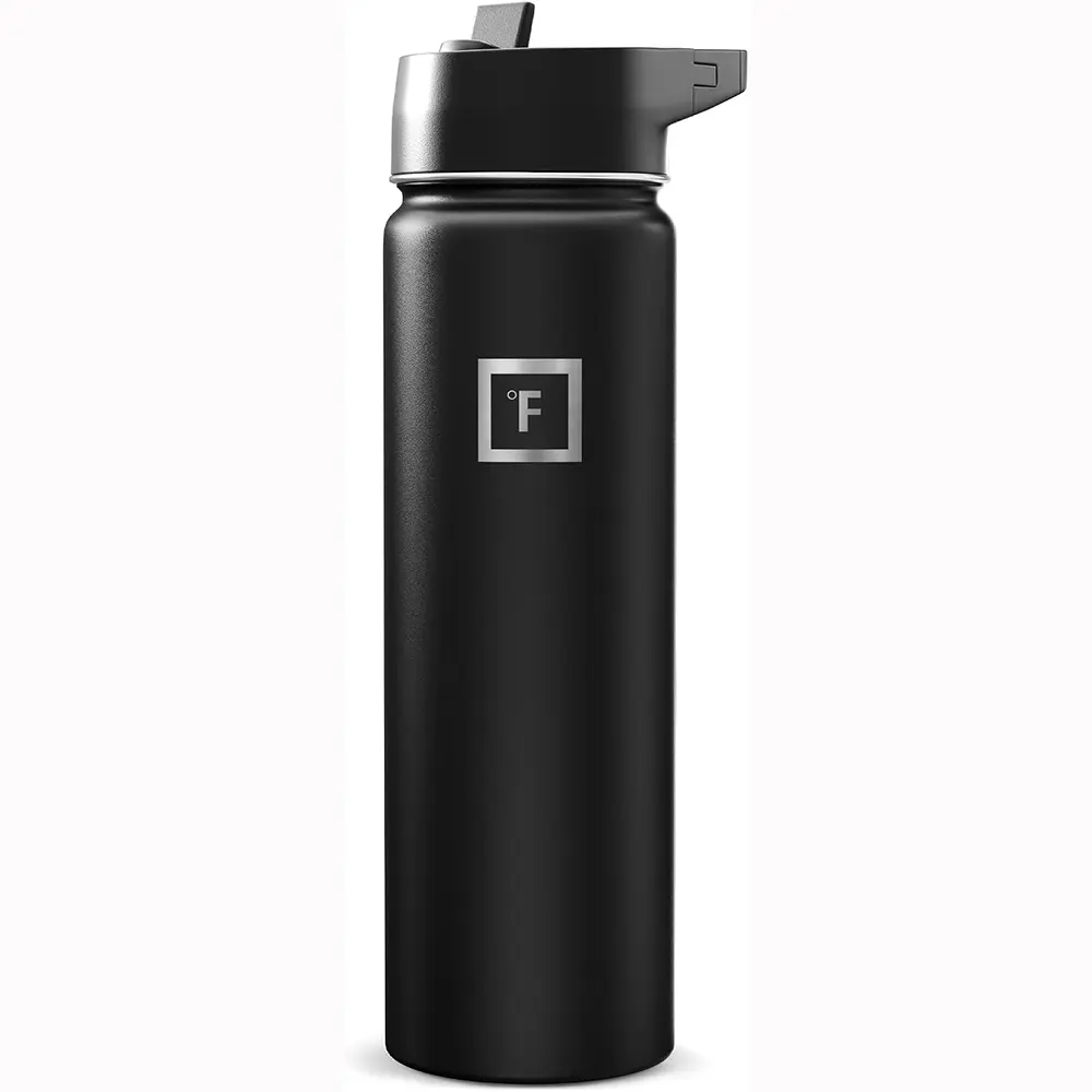 IRON °FLASK 24 oz Wide Mouth Water Bottle with Straw | Insulated Stainless Steel Sports Water Bottle with Leakproof Straw Lid - BPA Free, Cold 24 Hrs, Sweat Free (Midnight Black)