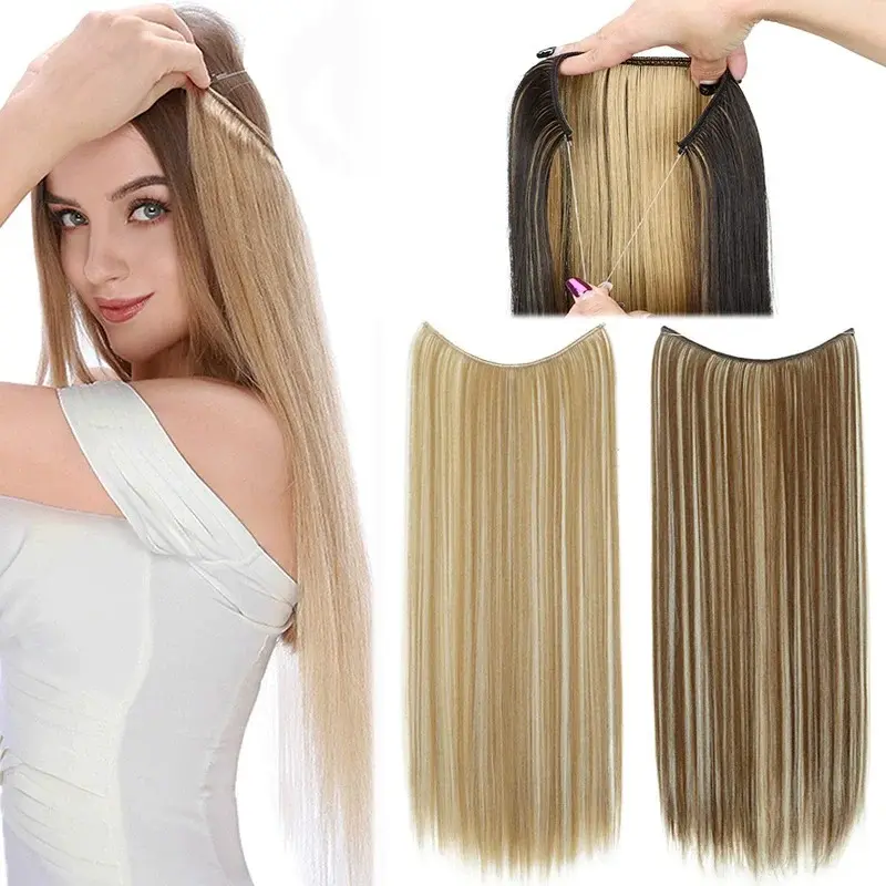 24 Inch Synthetic Long Straight Fish Line Hair Extension Invisible Wire Halo Hairpiece Heat Resistant Fiber Hair for Women
