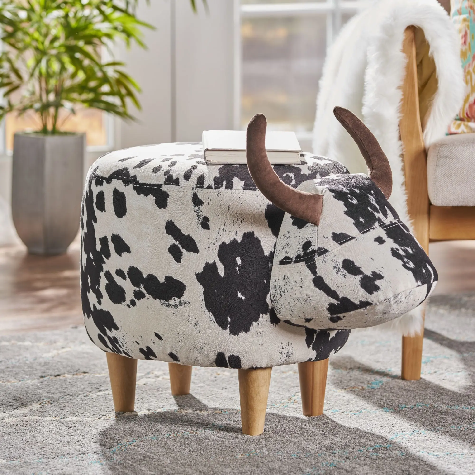 Ottoman Footstool with Animal Print Design, Black and White Cow Shape, Fabric Body with Velvet Horns, Foam Fill and Wood Frame, Medium-Soft Seat for Living Room, Bedroom, Porch, Garden, Balcony, Multiple Color Choices