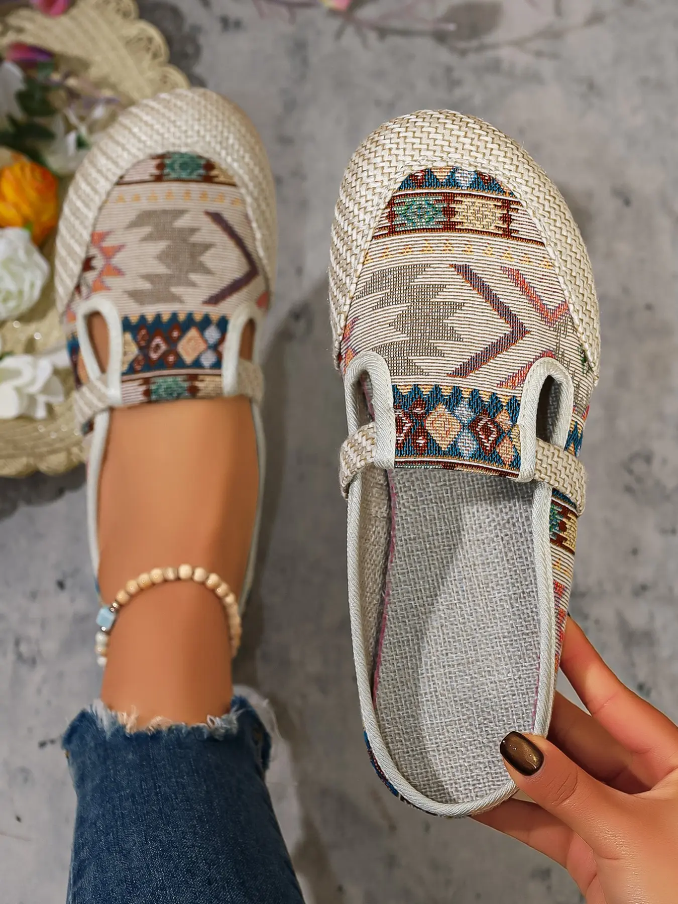 Boho Ethnic Style Colorful Geometric Pattern Braided Slip-On Women Shoes, Soft Sole Anti-Slip Breathable Comfortable Casual Footwear Summer Boho Shoes