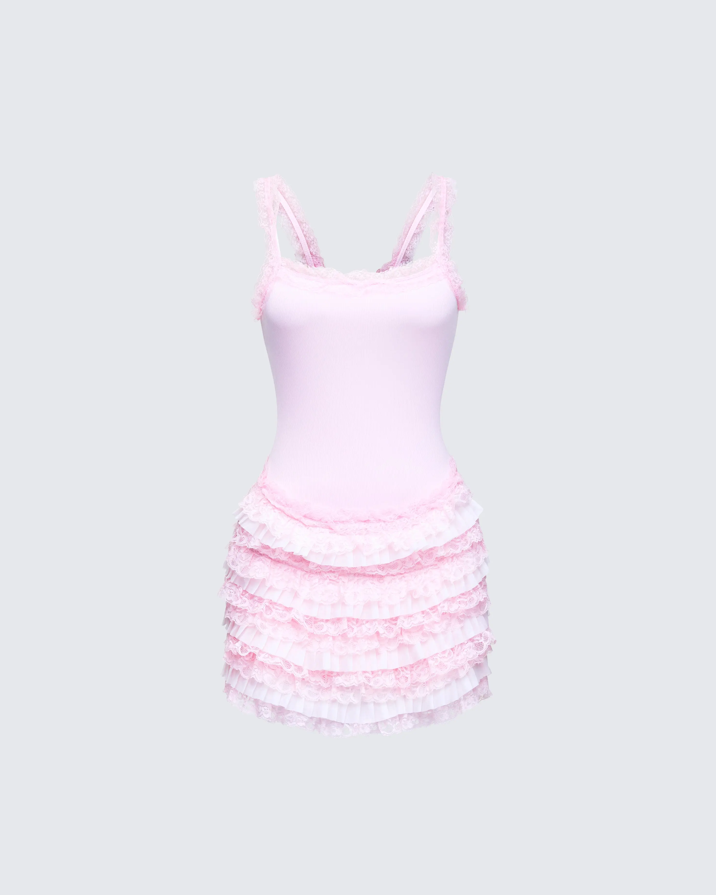 Women's Fitted Pink Ribbed Ruffle Tiered Mini Dress - Straps Design, Dream Casual Wear, Matching Lingerie Top