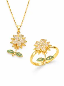 Spinning Crystal Daisy Flower Necklace and Adjustable Ring Set with Green Leaves for Women Gift