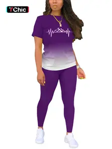 Two-Piece Set Women's Gradient Ombre Mountain Print Short Sleeve T-shirt & Elastic Waist Fit Skinny Pants Set, Casual Graphic Round Neck Tee & Trousers 2 Piece Set for Summer, Ladies Clothes for Daily Wear, Womenswear