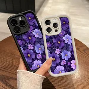 Purple Flowers Pattern Phone Case for iPhone 16 15 14 Pro Max 13 12 11 XR XS Plus Shockproof Full Camera Protection Durable slim Silicone Cover Protector Protective Compatible With Samsung Galaxy S26