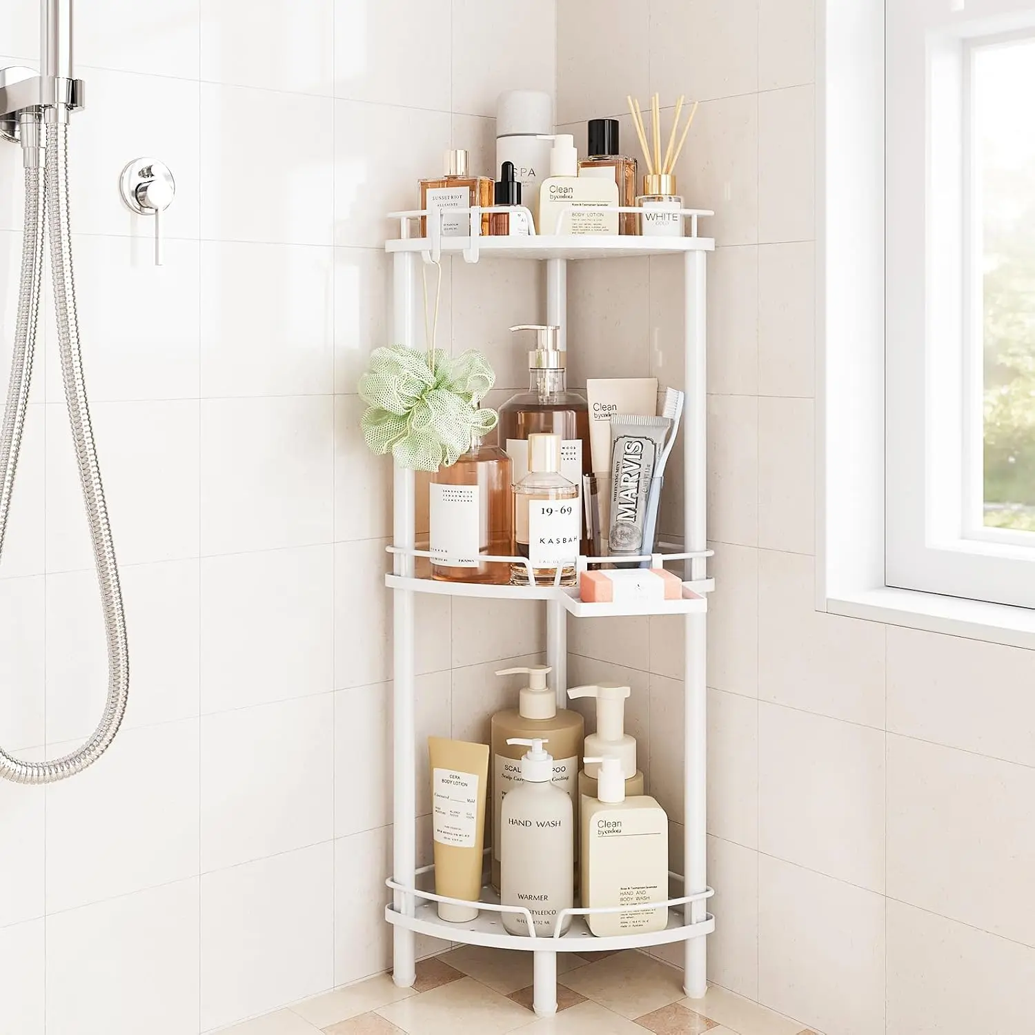Corner Shower  Standing, 3 Tier Rustproof Metal Shower Organizer with Soap Holder, Floor Shower Corner Shelf Rack Storage Stands with Adjustable  & 2 Hooks for Bathroom, White