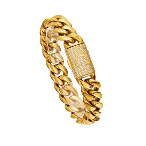 14mm Gold Miami Cuban Link Initial Bracelet – Custom A–Z Letter 18K Real Gold Plated Stainless Steel Solid Bracelet Waterproof & Scratch-Resistant Comes Perfect Gift for Boyfriend or Girlfriend