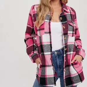 Plaid Flannel Shacket Shirt Wool Button Cardigan Long Cuffed Sleeve Fall Jacket for Women Pink Black White Checkered Design