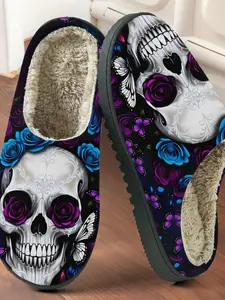 Women's Skull Rose Print Cotton Slippers, Dark Romantic Style, Plush Lining Anti-Slip Thick Sole, Winter Warm Home Shoes