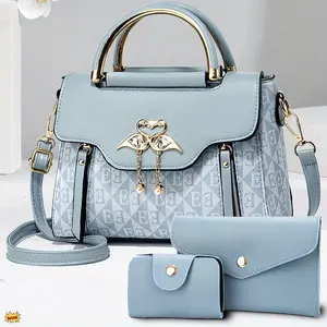 New Women's Bag Set Trendy Printed Letters Decor with Swan Charm Multi-function Handbag Crossbody Shoulder Bag 3-piece Set