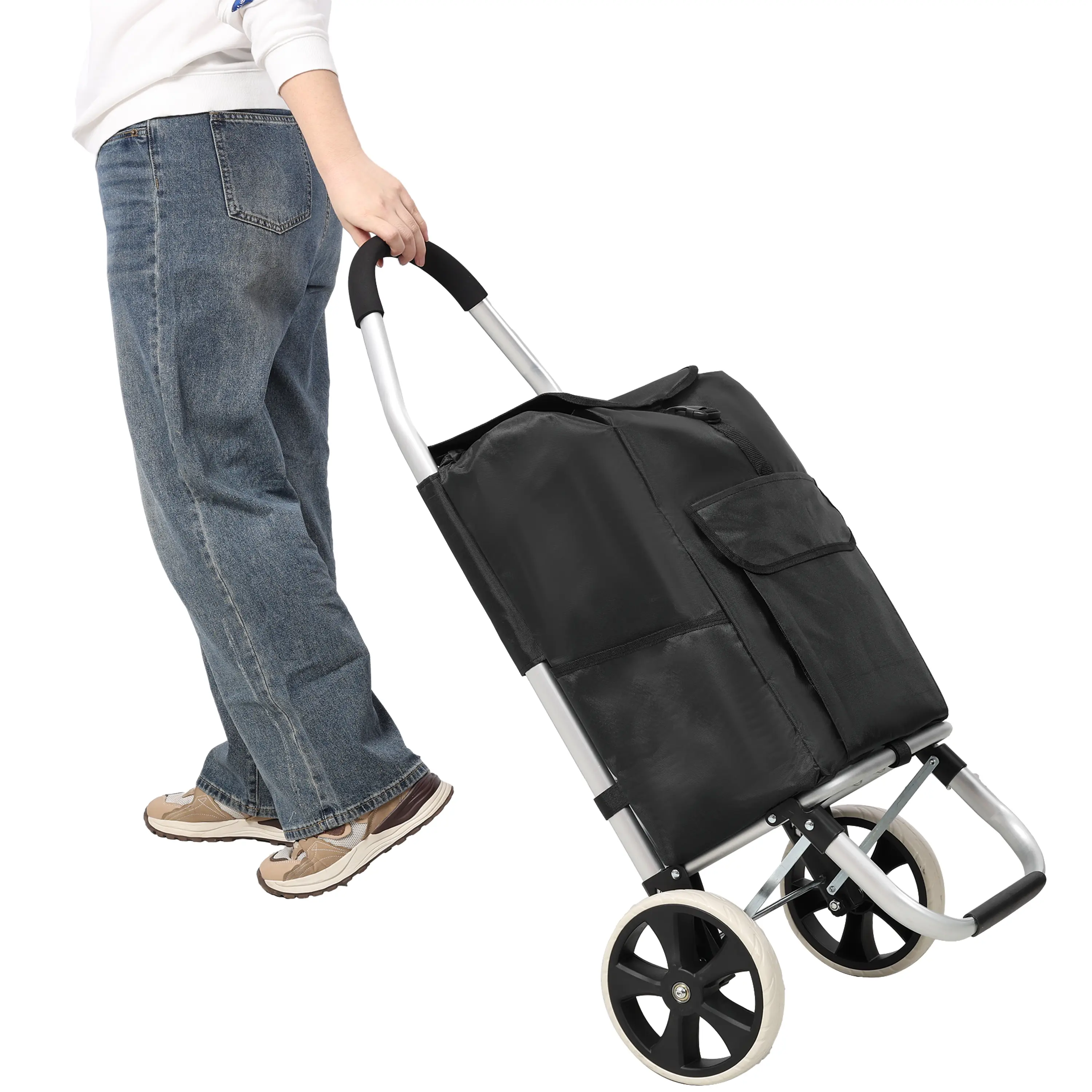 Foldable Shopping Cart with Wheels, Removable Waterproof Oxford Bag, Rolling Grocery Cart for Shopping, Laundry, Market Trips & Everyday Carry