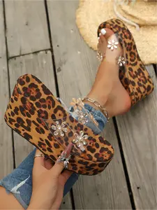 Women's Flower Rhinestone Clear Strap Wedge Slides, Leopard Print/Black Platform SandalsSummer Flower Rhinestone Clear Strap Wedge Slides for Women, Leopard/Black
