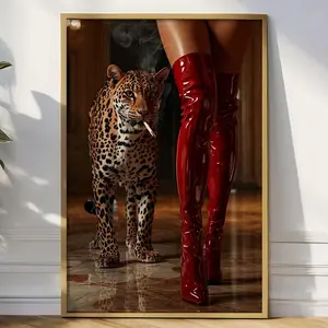 Red Boots Print, High Fashion Poster, Retro Leopard Poster, Hypebeast Aesthetics, Luxurious Wall Art, Cool Girl Photo, Chic Designer Poster ( Unframed - Print Only )