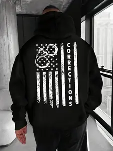 Unisex "Corrections" American Flag Hoodie – Black & White Print, Patriotic Correctional Aesthetic, Soft Fleece Blend, Oversized Fit, Perfect for Correctional Officers & Patriotic Fans, Durable High-Quality Print, Ideal for Daily Wear/Outings