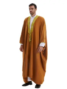 Luxurious Arab Muslim Men's Winter Outerwear, Embroidered Thick Fabric, Batwing Sleeve One-Piece Thobe, Modest Style, Traditional Arabic Robe
