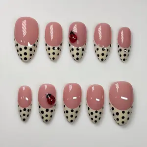 Handmade Ladybug Polka Dot Press On Nails: French Tip Nail Art