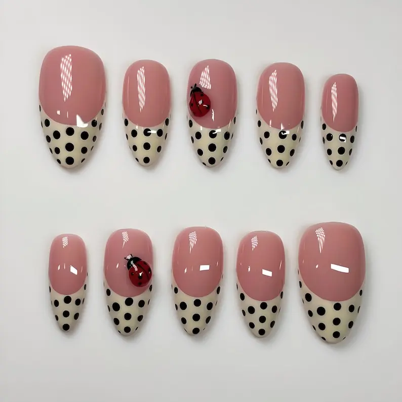 Handmade Ladybug Polka Dot Press On Nails: French Tip Nail Art