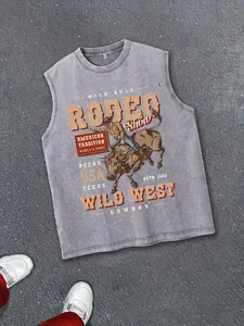Vintage Washed Gray "Wild Bull Rodeo Show" Graphic Sleeveless Tank Top, Texas Wild West Cowboy Print Oversized Muscle Tee, American Tradition Western Streetwear Top for Men Women