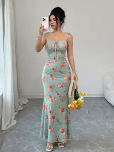 Women's Floral Print Dress, Ruffled Hem, Thin Straps and Sleeveless Design, Summer Casual Elegant Style, Perfect for Daily Wear and Special Occasions