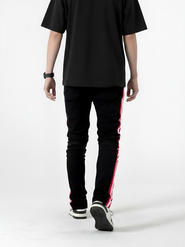 Men's Black and Red Side Stripe Ripped Slim Fit Motorcycle Jeans Trendy Edgy Design Outfits for Motorcycle Riders levis 527 size  12  jeans Embroidered Camouflage Double Waist Shorts clogs  shoes  outfit ed hardy Stretch Cargo party  outfits  mid  rise  c