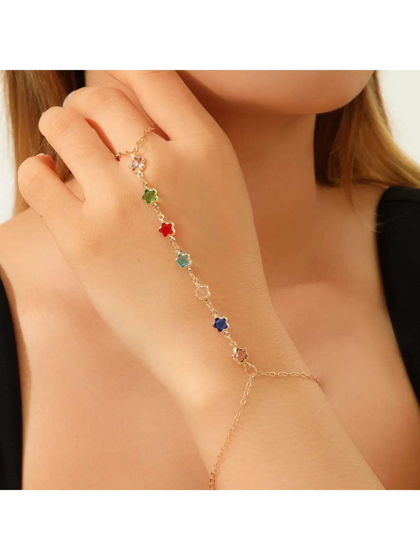 Women's Colorful Dopamine Eco-Friendly Connected Finger Bracelet Sweet Crystal Cubic Zirconia Rainbow Bangle Niche Fashion Delicate Hand Jewelry for Daily Party Vacation Wear