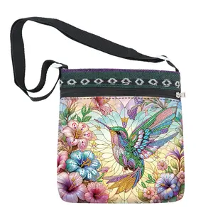 Hummingbird & Flower Pattern DIY Diamond Arts Colorful Painting Shoulder Bag, DIY Diamond Arts Colorful Painting Bag, DIY Decorative Bag for Diamond Art Enthusiasts