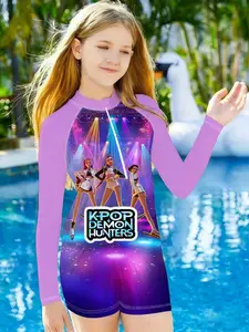 Girls Kpop Korean Style Long Sleeve One-Piece Swimsuit, Fun Swimsuit, Stage Print Spring Summer Quick-Dry Swimwear, 3D Cartoon Full Print