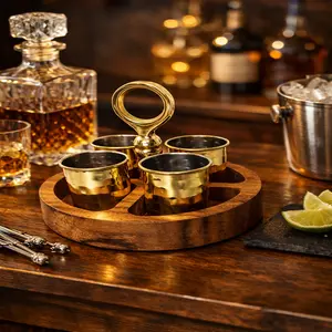 Luxury Hammered Gold Shot & Condiment Caddy Set – Elegant Wooden Serving Tray for Drinks & Appetizers