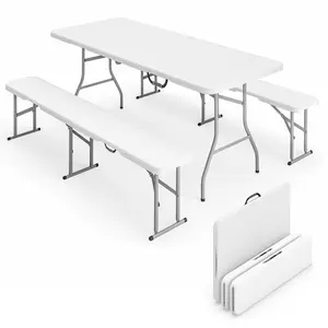 6FT 3-Piece Folding Camping Table & Chairs Set – White. 6FT Table + 2 Benches. HDPE Waterproof + Powder-Coated Steel. 529 lbs Bench Cap. No Assembly