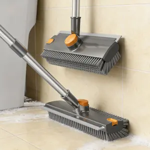 3 in 1 Floor Scrub Brush with Long Handle, Stiff Bristle Scrubber with Silicone Squeegee and Hair Removal Clip, 360° Rotating Bathroom Cleaning Brush for Tile, Grout, Shower, Tub, Glass, Wall, Kitchen and Floor Cleaning