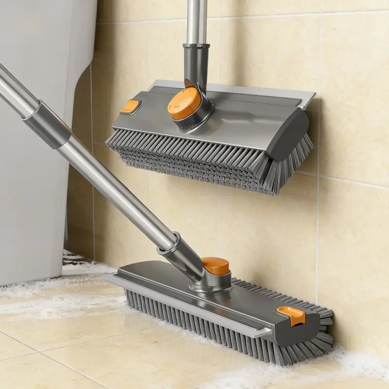 3-in-1 Floor Scrubbing Brush with Squeegee & 52" Adjustable Long Handle - V-Shape Stiff Bristles, 360° Rotation, Heavy-Duty Grout Broom for Adults' Household Items, Vinyl, Tile, Deck Cleaning Supplies