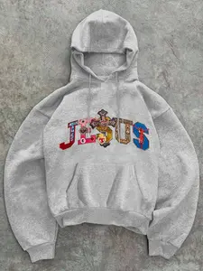 Women's Streetwear Fitted Long Sleeve Hoodie Sweatshirt, Featuring Stylish Cross Graphic & "JESUS" Print, Drawstring and Pockets, Christian Street-style Statement Pullover, Ideal for Autumn & Winter Casual Daily Wear