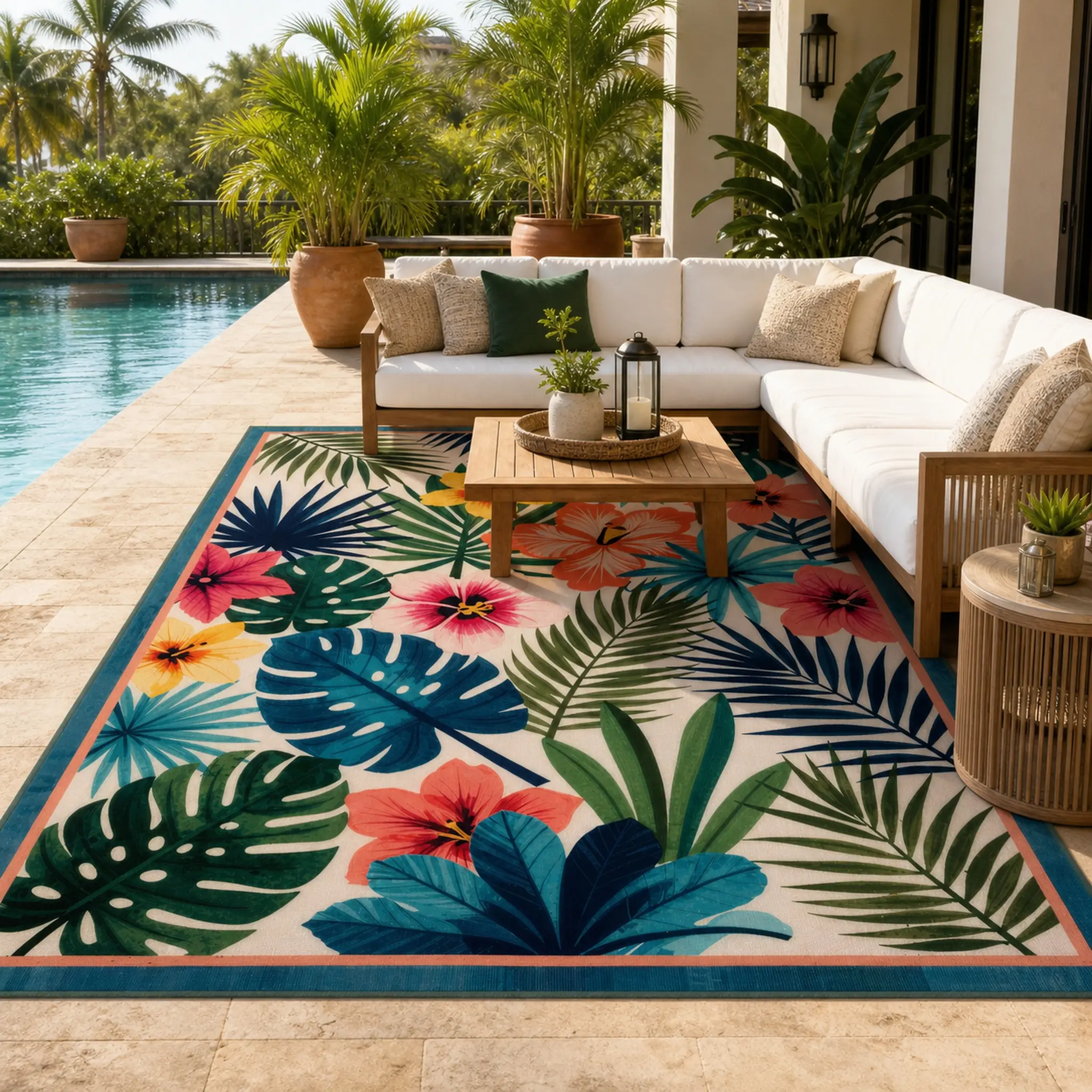 Veluma Tropical Prism Washable Area Rug - Colorful Tropical Botanical Printed, Low-Pile Non-Slip Easy-Care Polyester Rug for Patio, Living Room