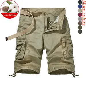 One men’s cargo shorts made entirely of cotton with multiple pockets—urban casual style featuring side zipper pockets and a drawstring at the hem. Washed fabric with strong texture; suitable for men’s everyday commuting, strolling, and exploring shops. Re