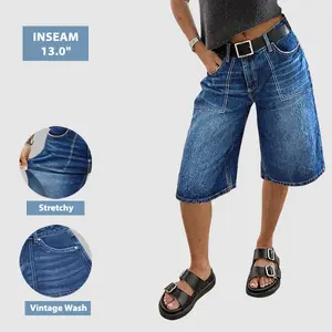 Flamingals Wash Contrast Stitch Patch Pocket Mid Rise Denim Bermuda Shorts Stretchy 13.0'' Inseam