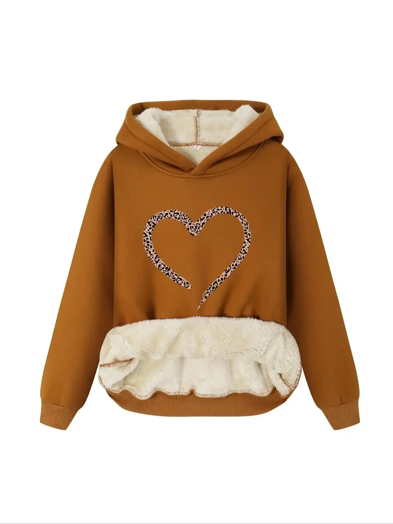 Women's Leopard Liner Heart Print Plush Lined Soft Fitted Hoodie, Fashion Hoodies, Casual Long Sleeve Hooded Pullover Sweatshirt for Fall & Winter, Ladies Clothes Daily Wear cold weather date night classic