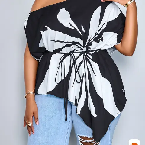 Plus Size New Summer Casual Elegant Chic Women's Print Blouse Tops, Asymmetrical Hem, Loose Fit, Perfect for Daily Wear, Parties, Vacations, Blouses Shirts
