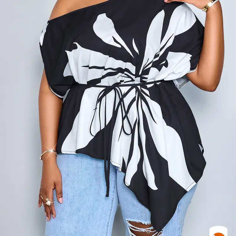 Plus Size New Summer Casual Elegant Chic Women's Print Blouse Tops, Asymmetrical Hem, Loose Fit, Perfect for Daily Wear, Parties, Vacations, Blouses Shirts
