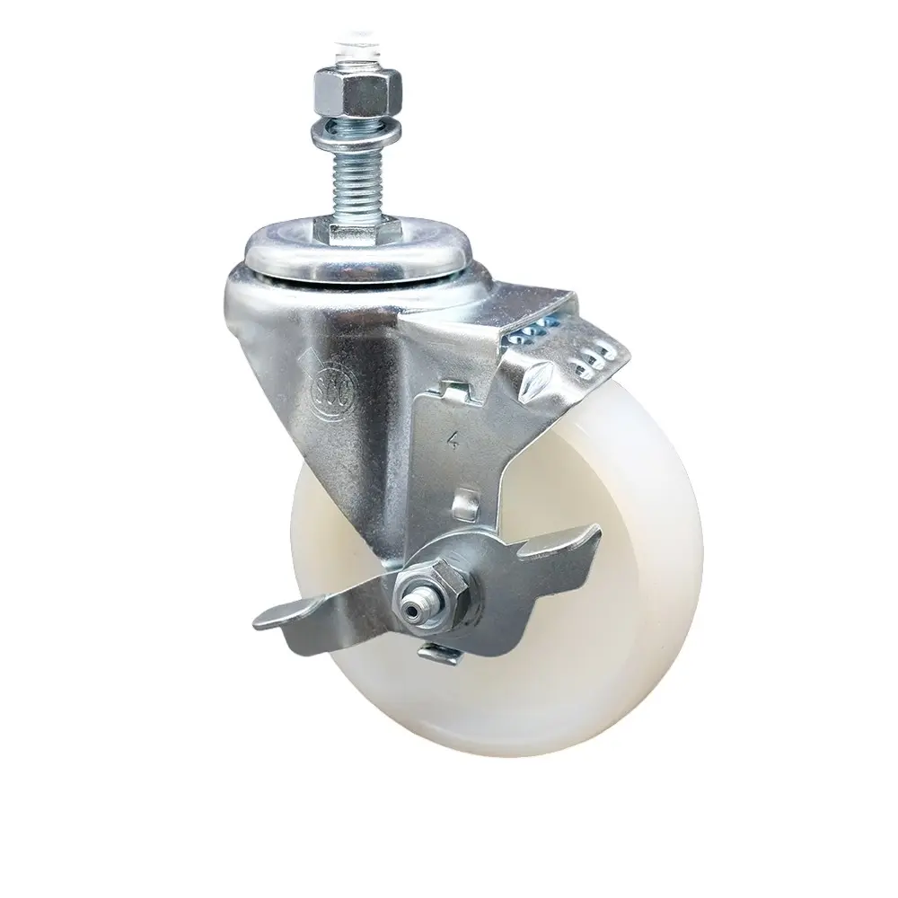 Service Caster SCC-TS20S414-NYS-TLB-121315 Chemical Res. Swivel Type Threaded Caster, 4x1.25 in White Nylon Wheel, 0.5 in Stem, Top Lock Brake, 300 lbs Capacity, Maintenance-Free, for Material Handling, Shop Projects