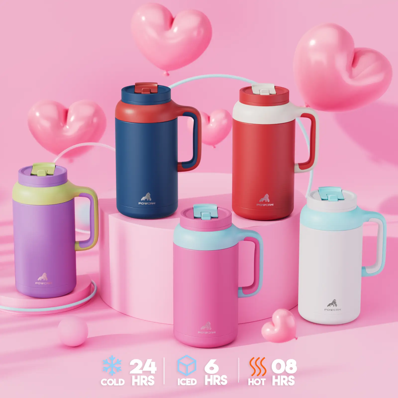 【POWCAN Heavy Duty New】 64 Ounce Large Capacity Water Bottle Drum With Handle, Leak Proof Straw, Ice Coffee Cup With 24-Hour Cold And 8-Hour Heat Rete
