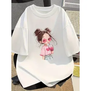 100% Cartoon Cute Printed Short Sleeve Round Neck T-Shirt, Summer New, Loose Fit, for Women
