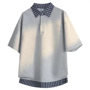 Faux two-piece color-block plaid collared short-sleeve polo shirt with buttons; men’s summer American youthful trendy T-shirt top; unisex design for everyday wear, outdoor sports, and casual vacations. #SummerWins